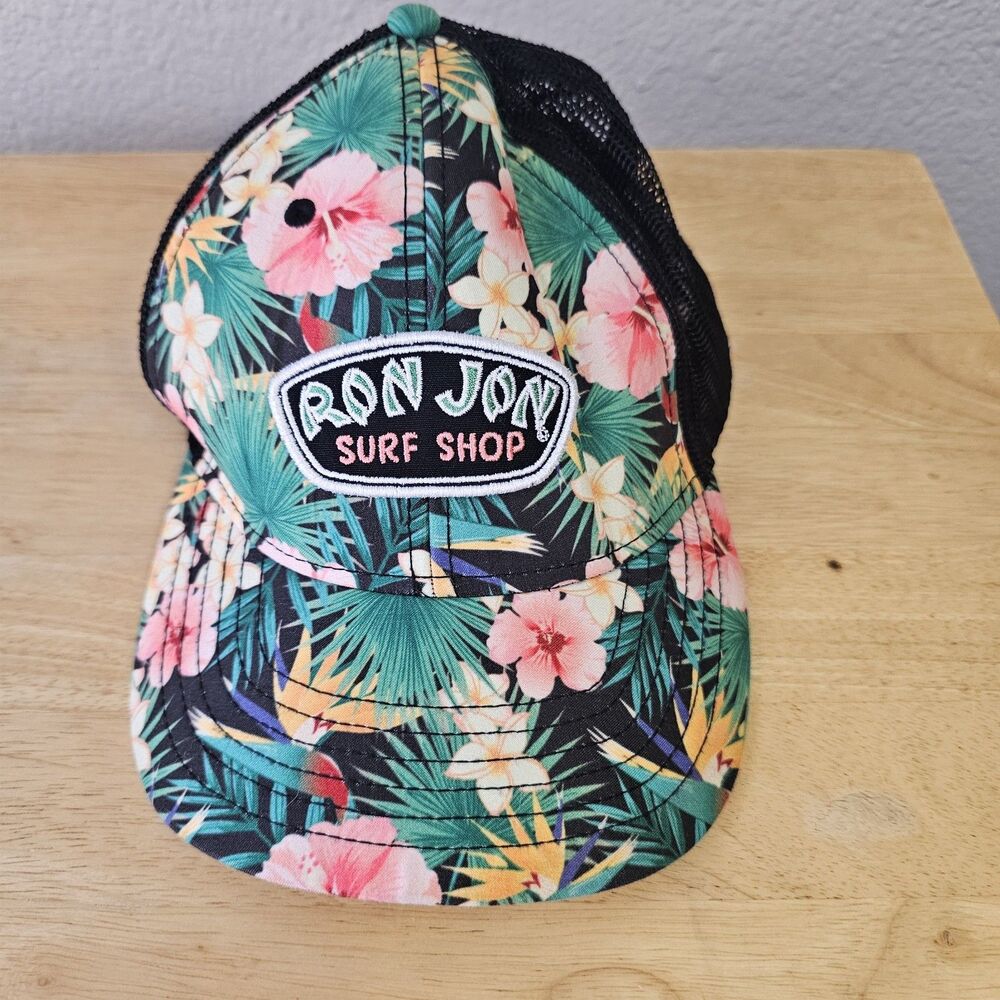 Ron Jon Surf Shop Tropical Floral Trucker Hat Snapback Black Mesh Beach Cap